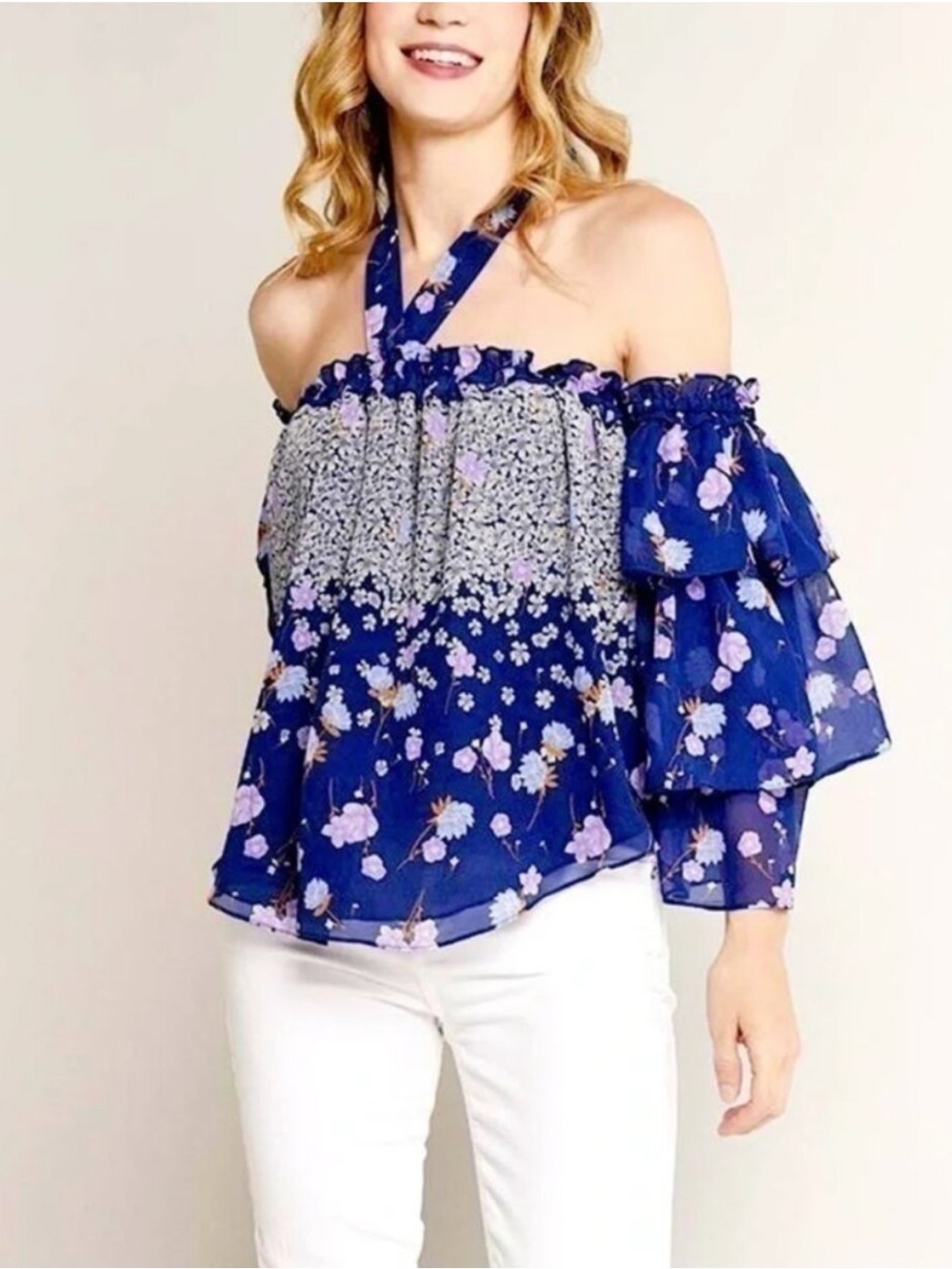 Misa Los Angeles Penille Floral Halter Off the Shoulder Top